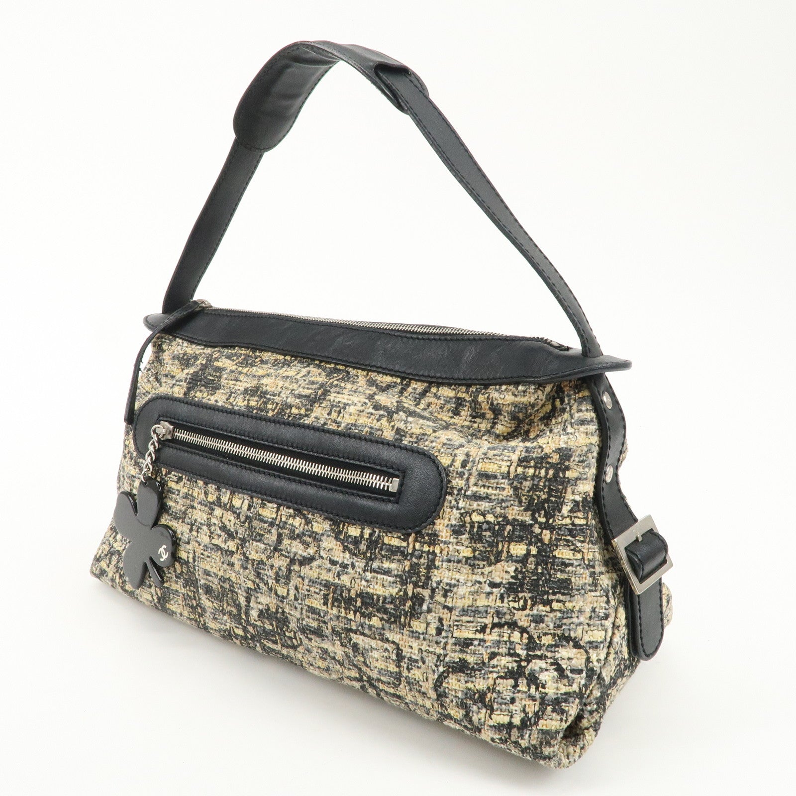 CHANEL Tweed Leather Shoulder Bag Hand Bag Black Beige Used