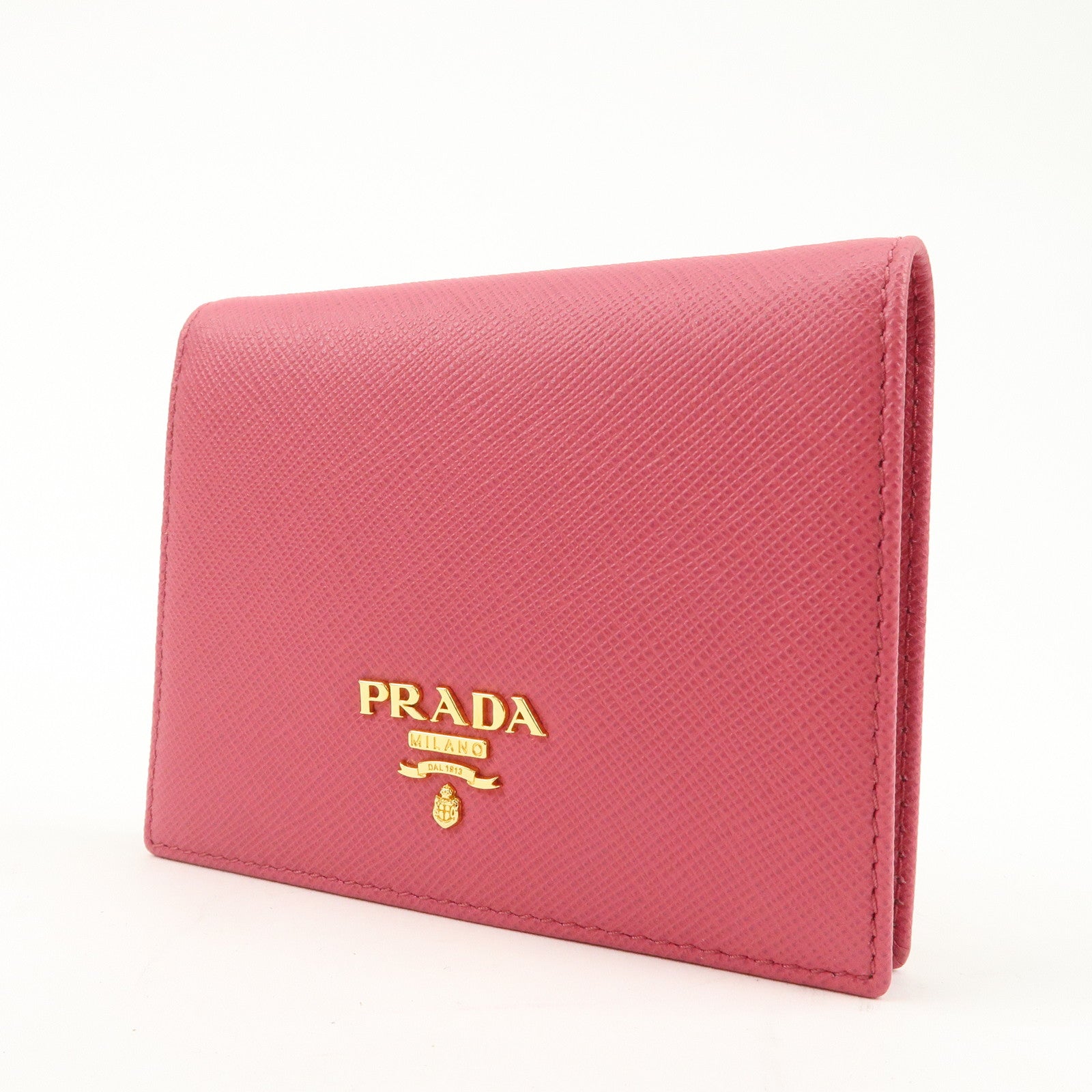 PRADA Logo Saffiano Leather Bi-Fold Wallet Pink 1MV204 Used