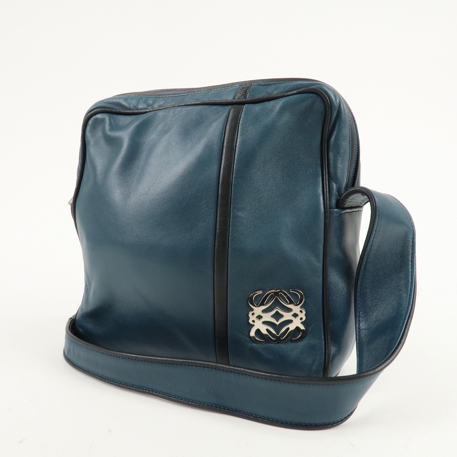 LOEWE Anagram Leather Shoulder Bag Blue Used