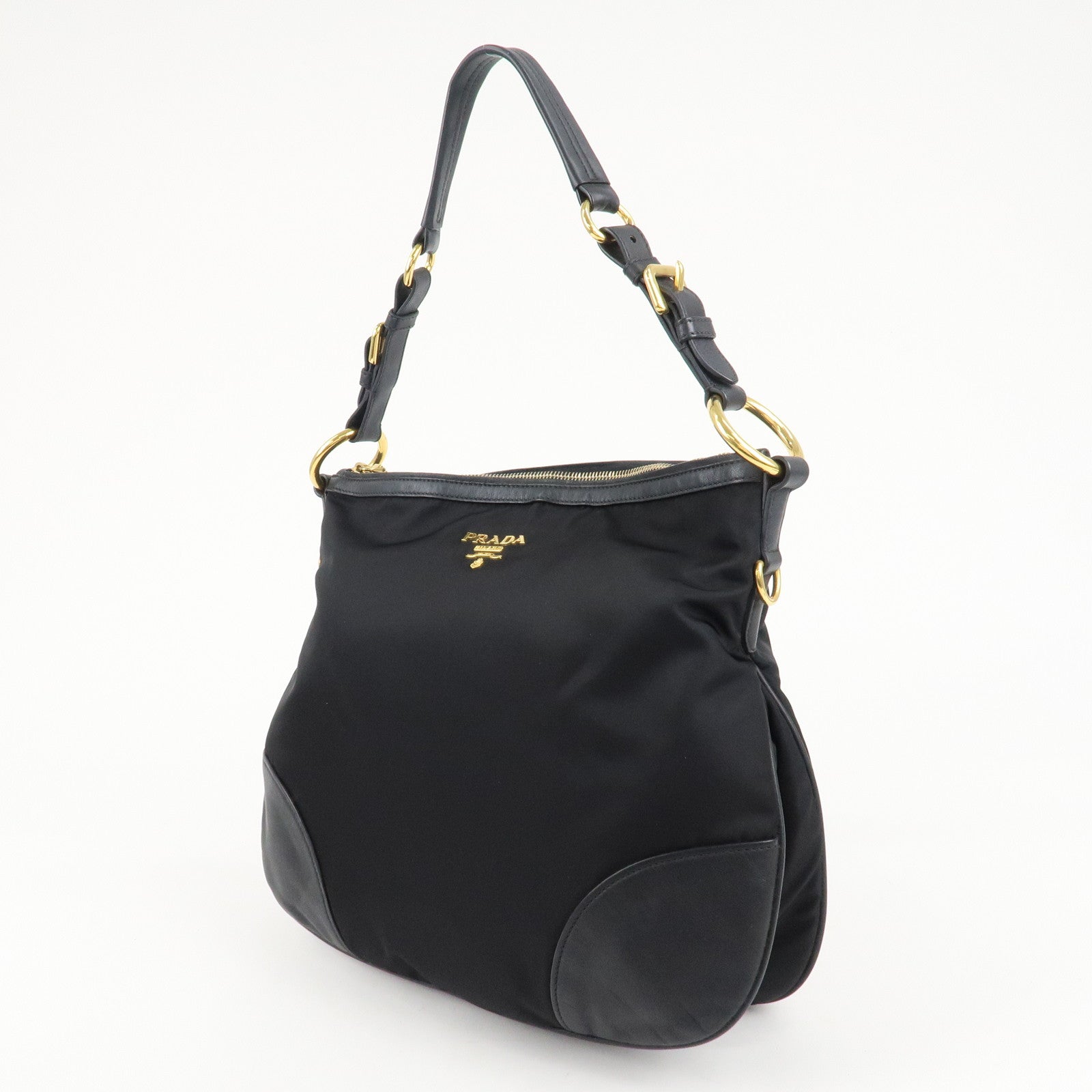 PRADA Nylon Leather Shoulder Bag Black Gold Hardware Used
