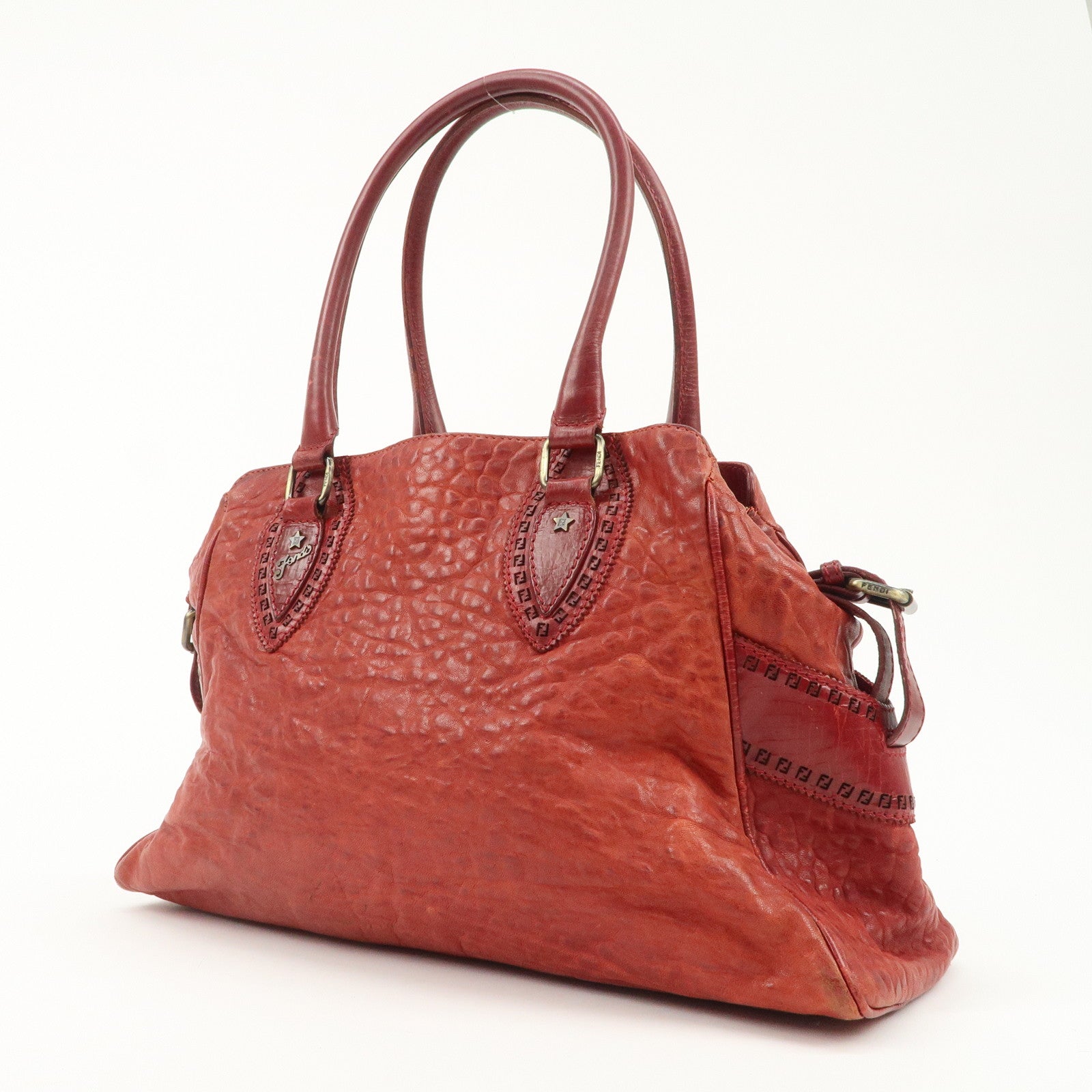 FENDI Ethnico Leather Tote Bag Shoulder Bag Red 8BN162 Used