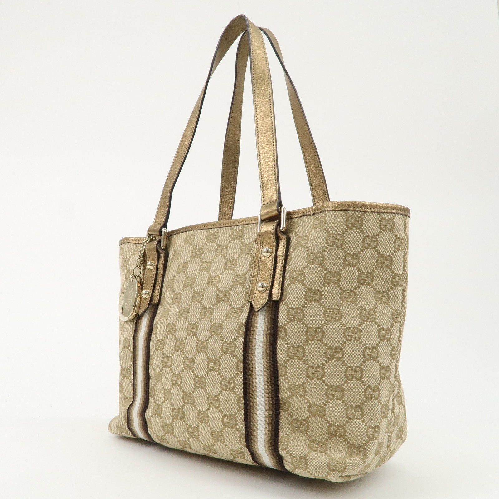 GUCCI Sherry GG Canvas Leather Tote Bag Beige Gold 137396 Used