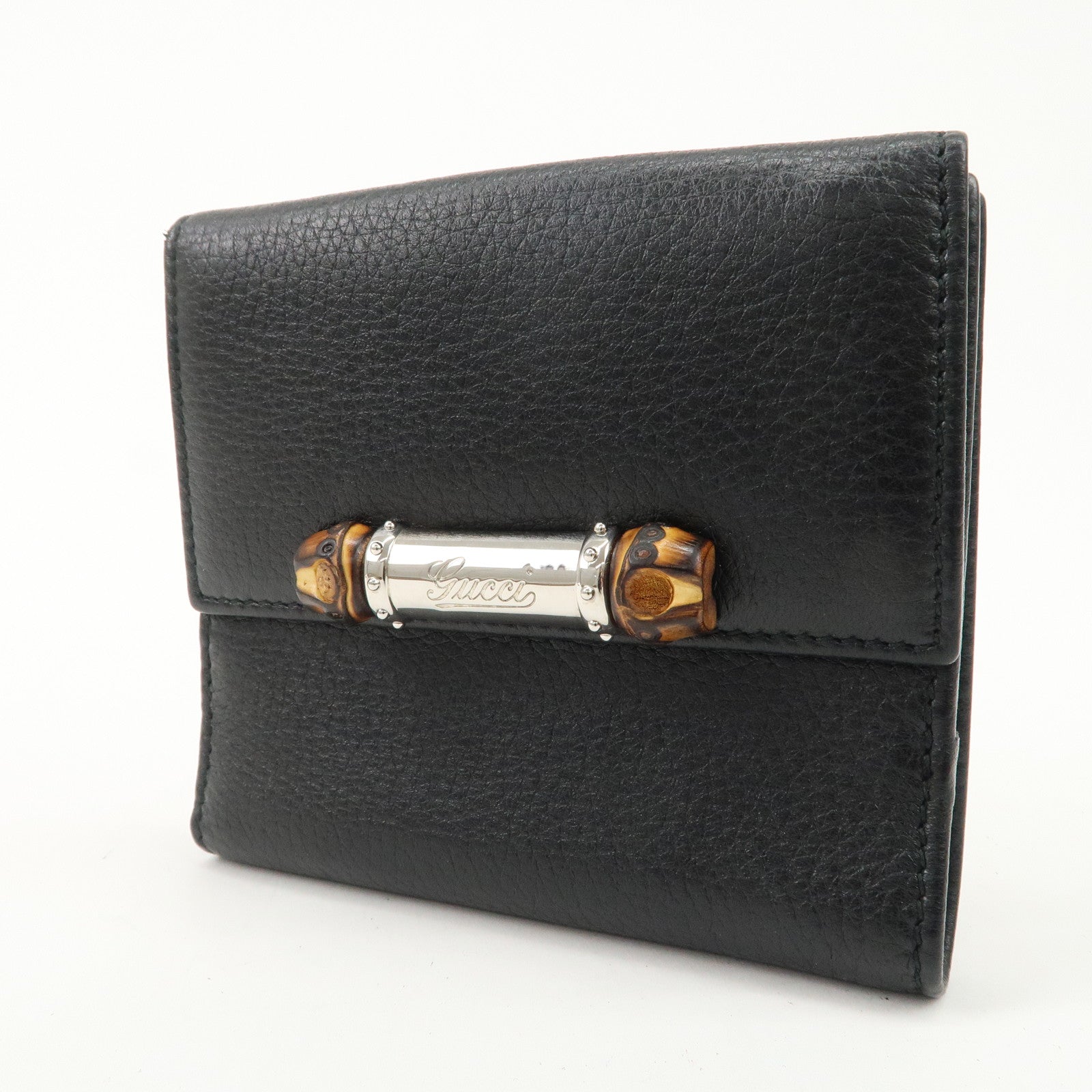 GUCCI Bamboo Leather W Hook Bi-fold Wallet Black 233049 Used