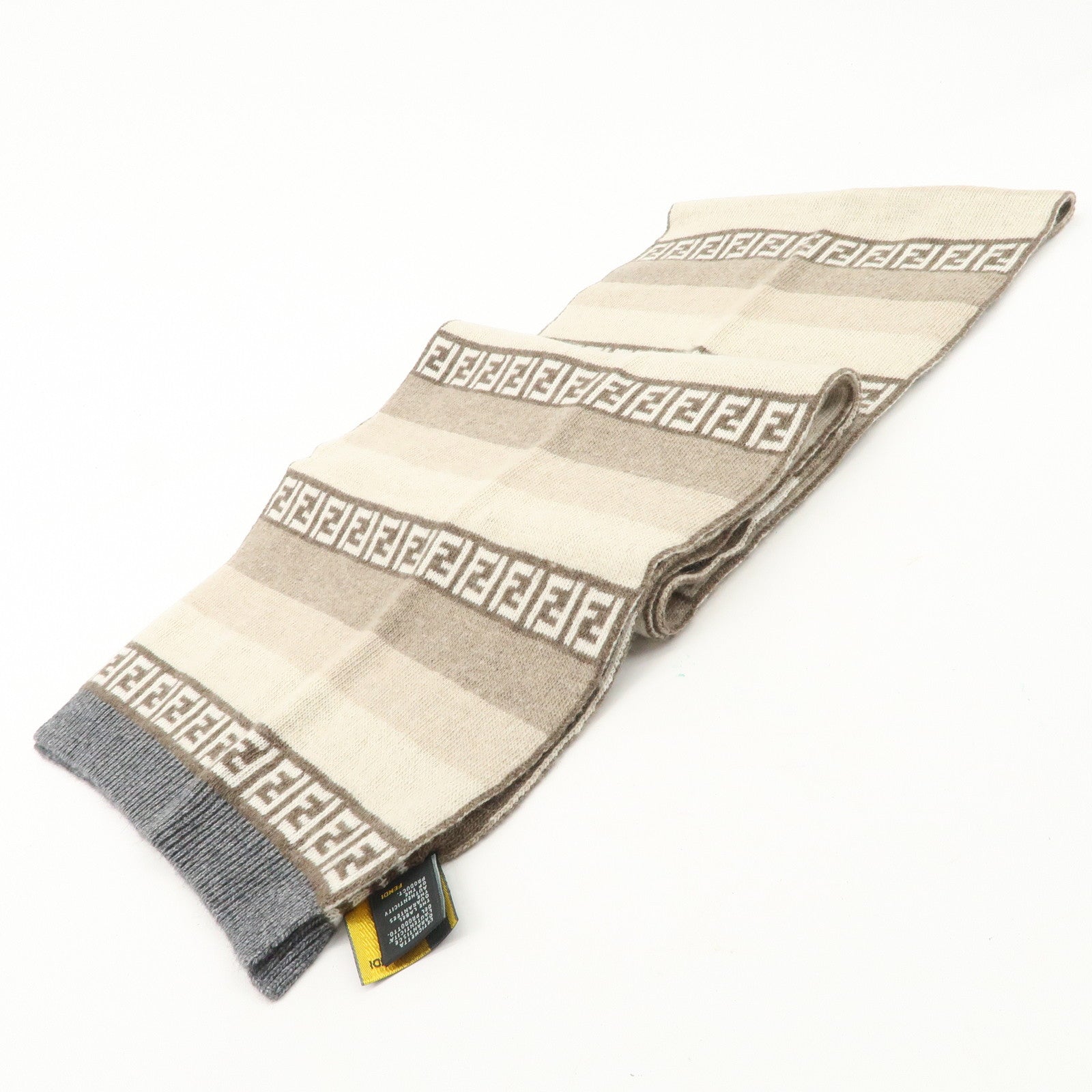FENDI Logo Zucca Wool Viscose Nylon Cashimere Scarf Beige Brown Used