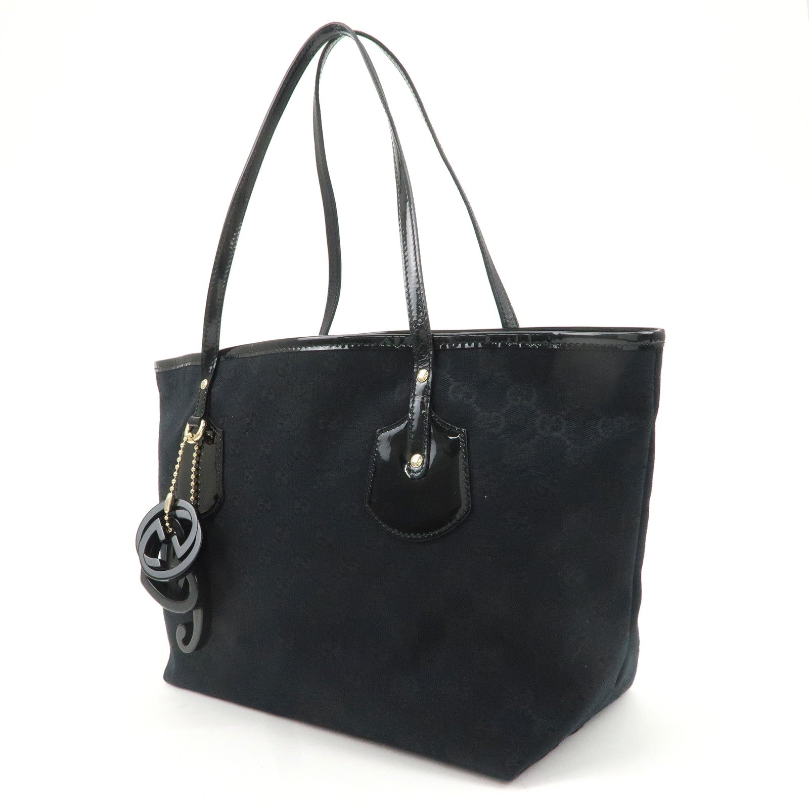 GUCCI GG Canvas Patent Leather Tote Bag Hand Bag Black 211976 Used