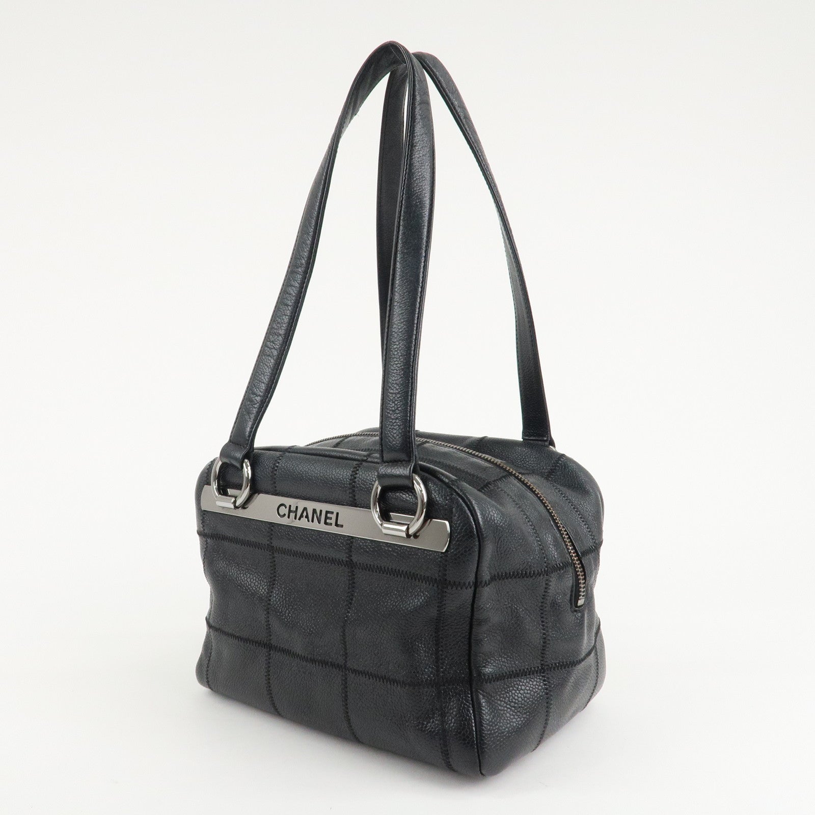 CHANEL Chocolate Bar Caviar Skin Mini Boston Bag Black A26135 Used