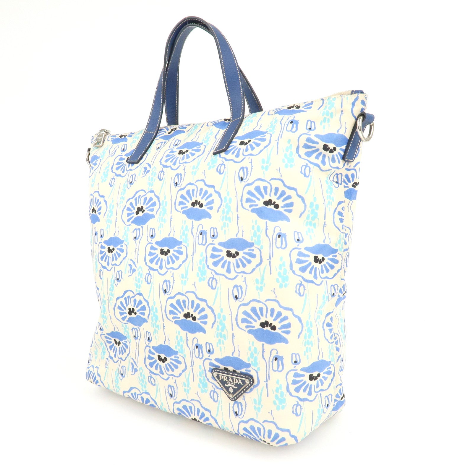 PRADA Nylon Leather 2Way Tote Bag White Blue Used