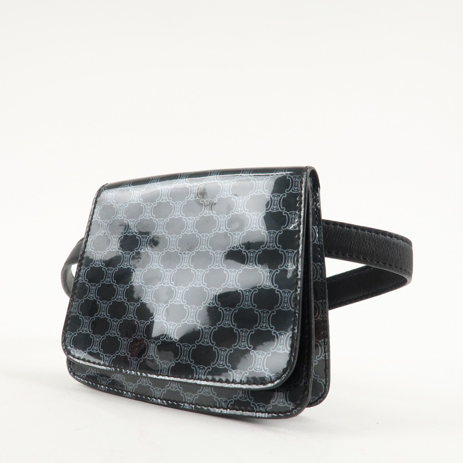 CELINE Macadam Leather PVC Waist Pouch Black Silver HDW MC99/2 Used