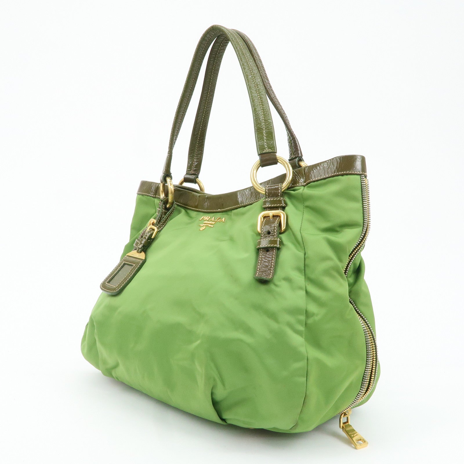 PRADA Nylon Patent Leather Tote Bag Shoulder Bag Green Khaki Used