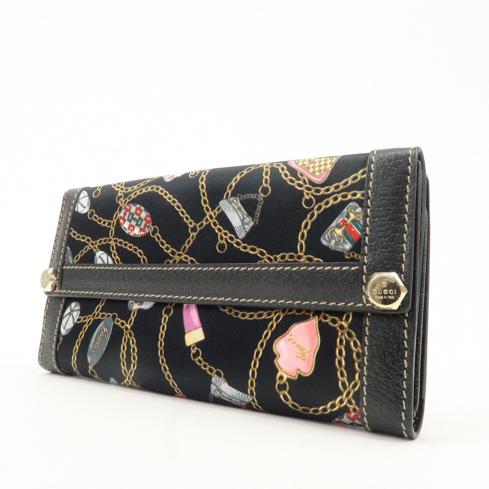 GUCCI Charmy Nylon Leather W Hook Long Wallet Black 153211 Used