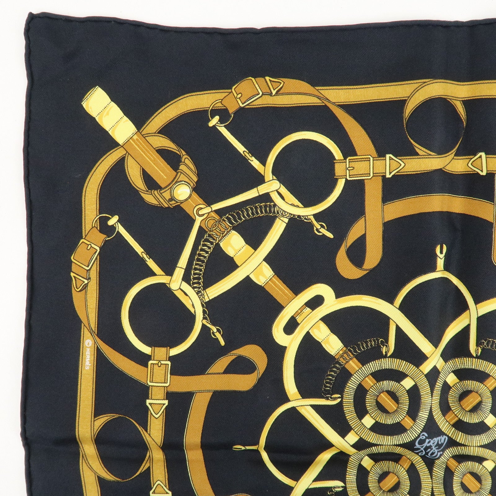 HERMES Silk 100% Carre 40 Scarf Pellier Navy Gold Used