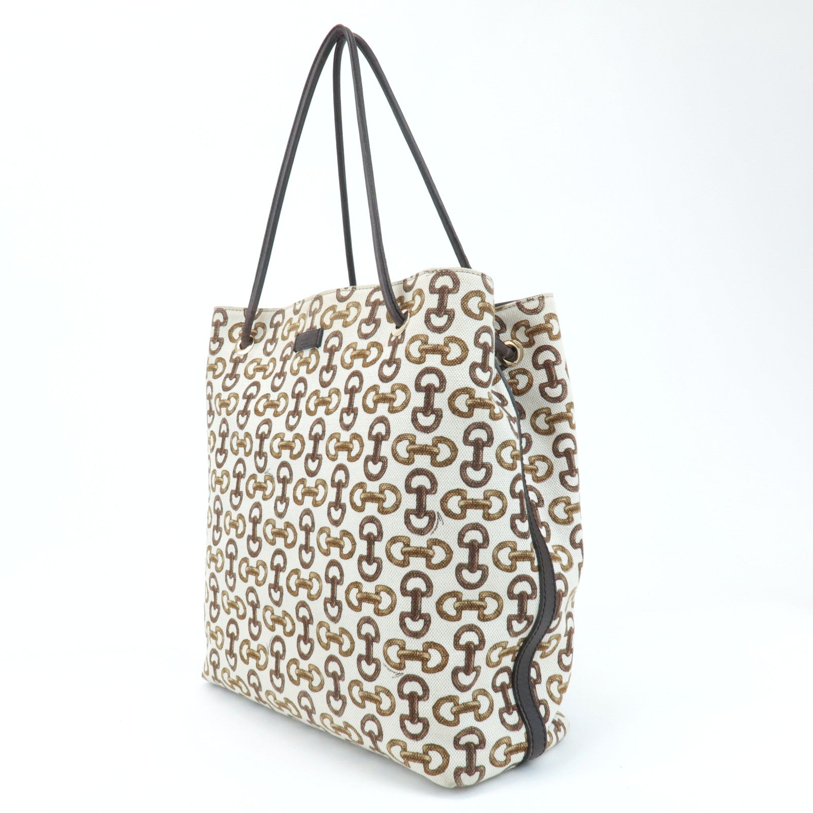 GUCCI Horsebit Canvas Leather Tote Bag Ivory Brown 257275 Used