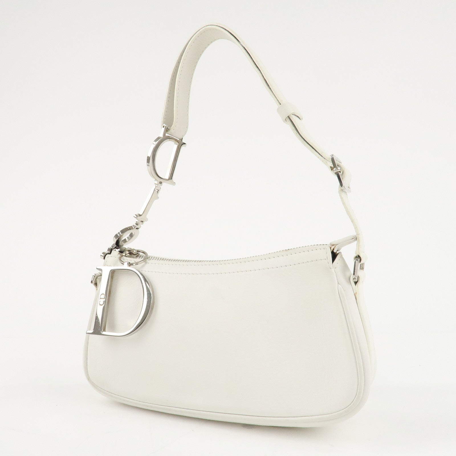 Christian Dior Canvas Leather Logo Charm Hand Bag White Used