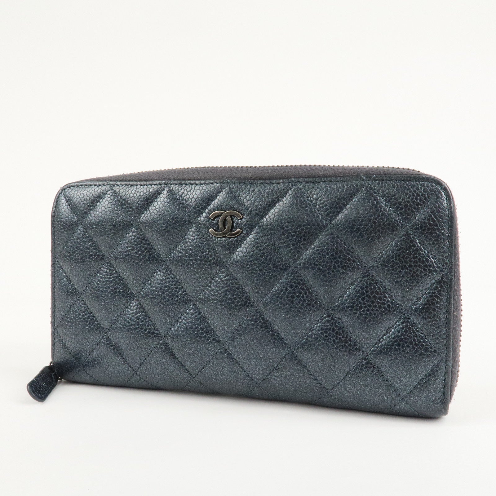 CHANEL Matelasse Caviar Skin Zip Around Long Wallet Metal Blue Used