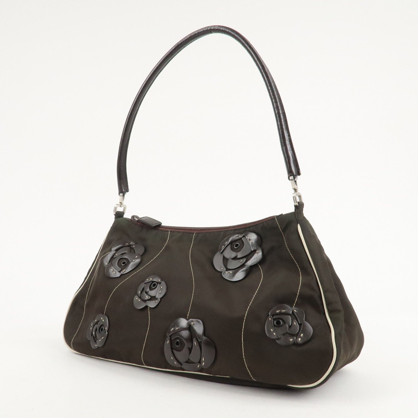 PRADA Nylon Leather Shoulder Bag Flower Motif Green Brown Used