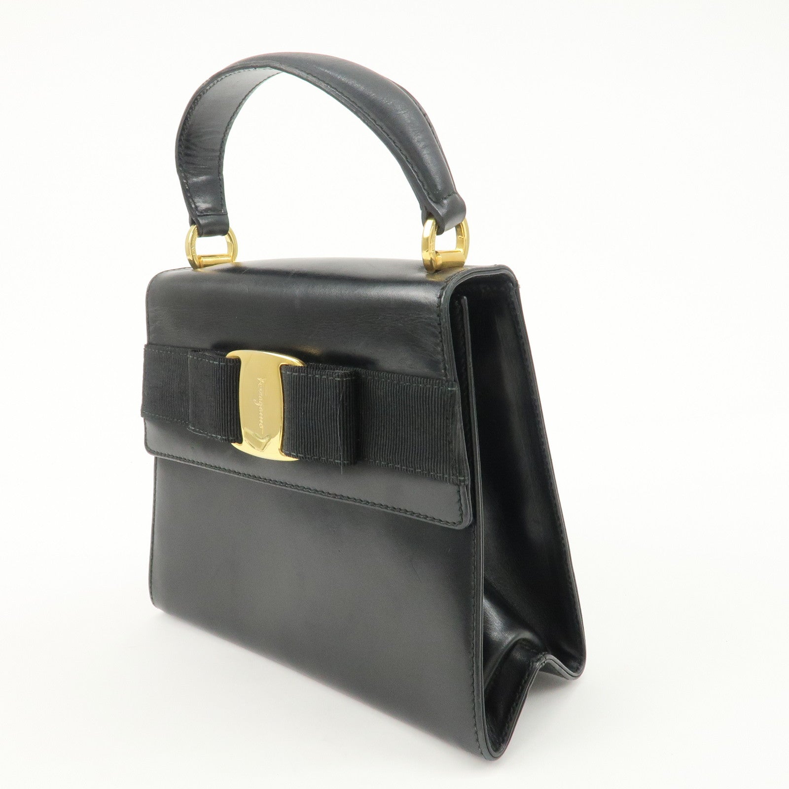 Ferragamo Vara Ribbon Leather Small Hand Bag Black Used