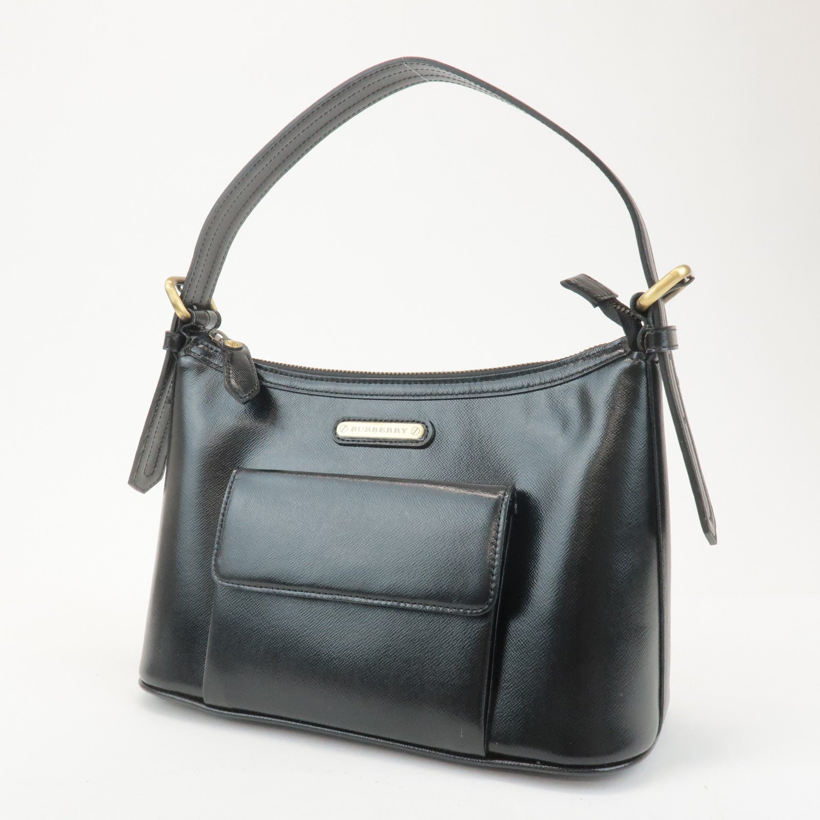 BURBERRY Leather Shoulder Bag Hand Bag Black Gold Hardware Used