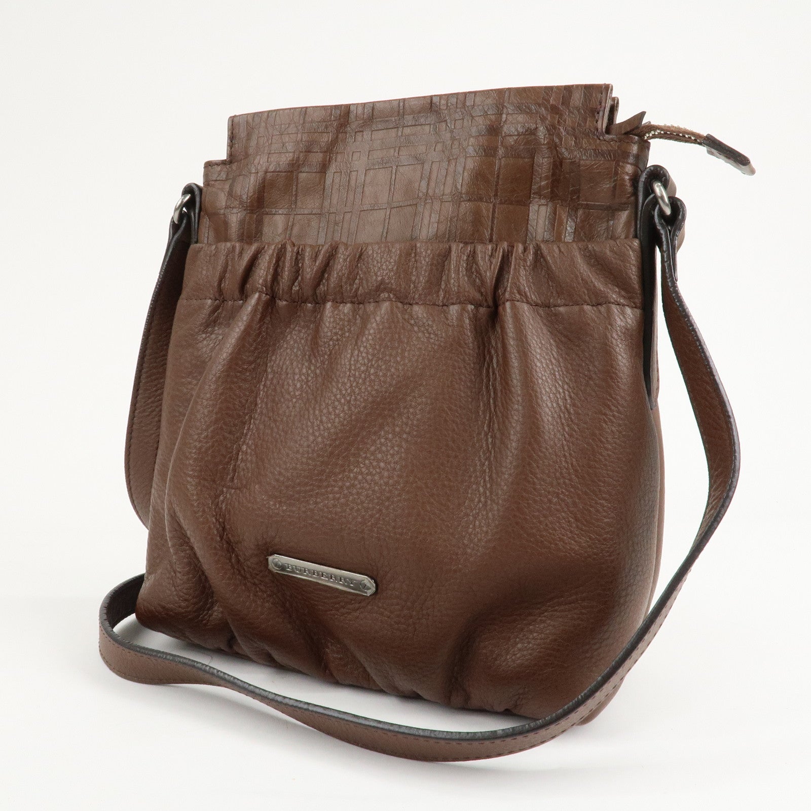 BURBERRY Leather Shoulder Bag Brown Silver Hardware Used