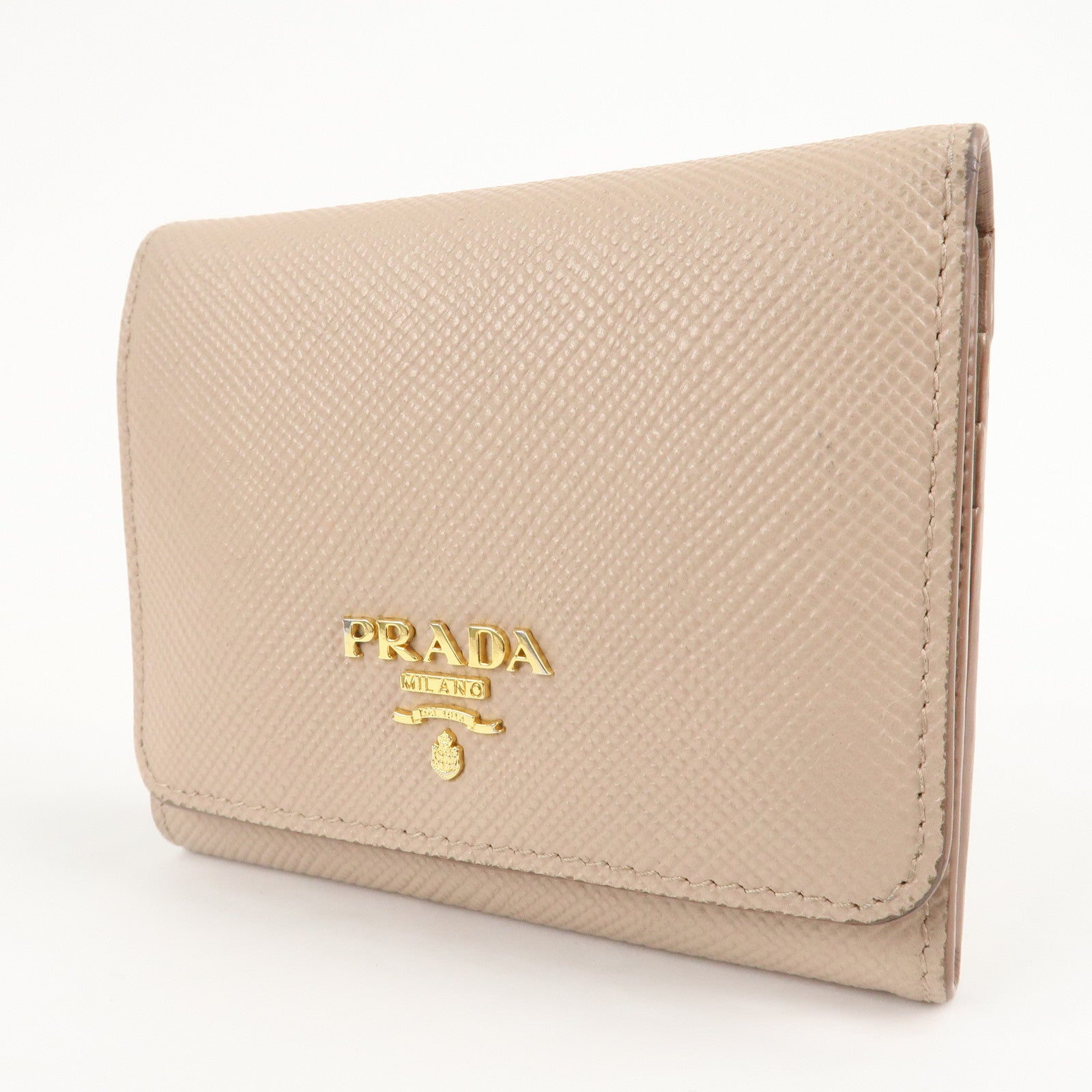 PRADA Saffiano Leather Trifold Compact Wallet Beige 1MH176 Used