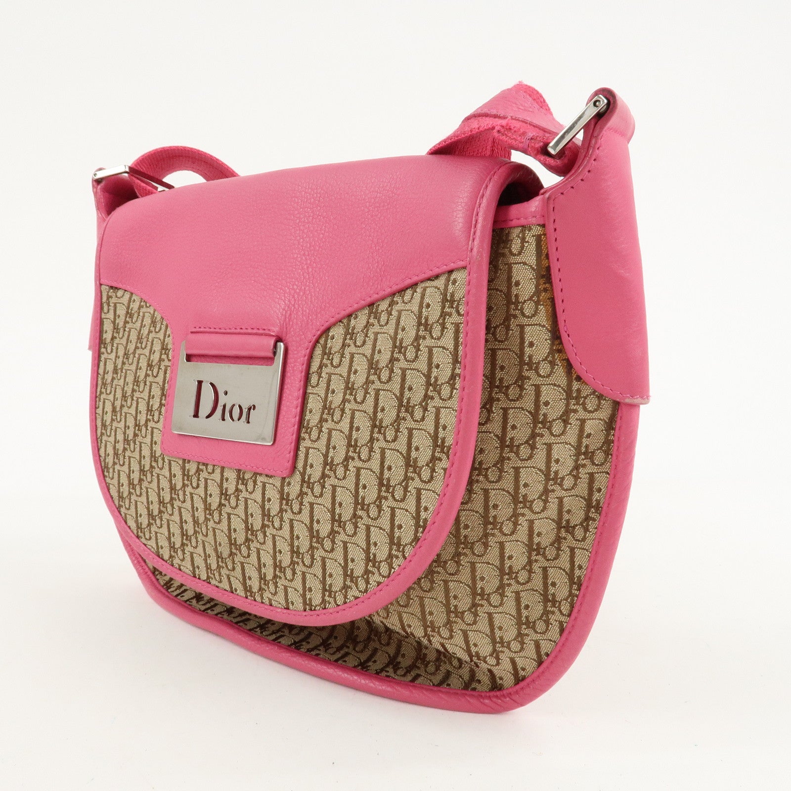 Christian Dior Trotter Canvas Leather Shoulder Bag Beige Pink Used