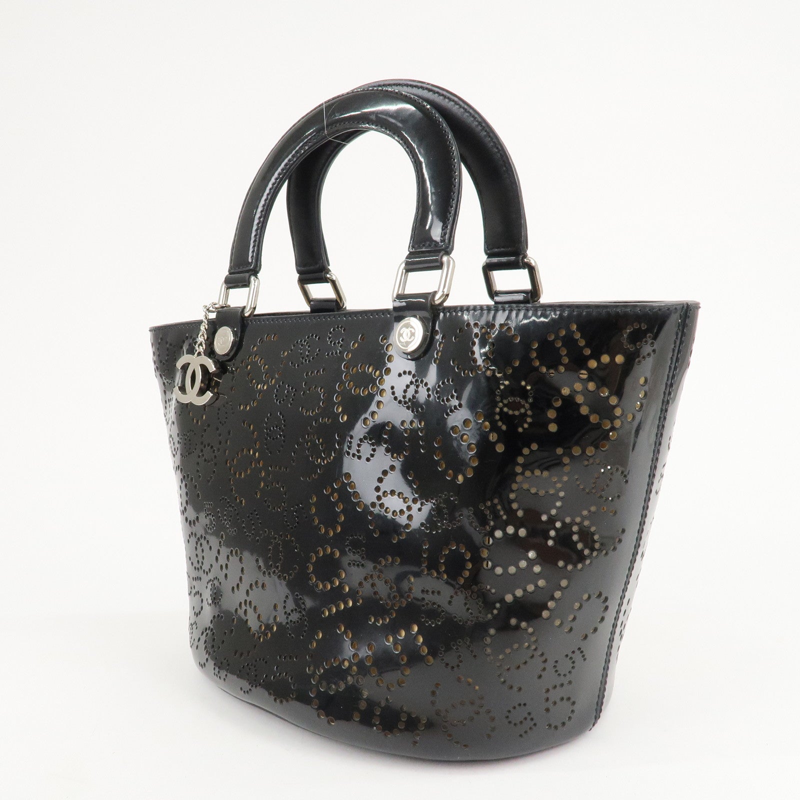 CHANEL COCO Mark No.5 Patent Leather Punching Hand Bag Black Used