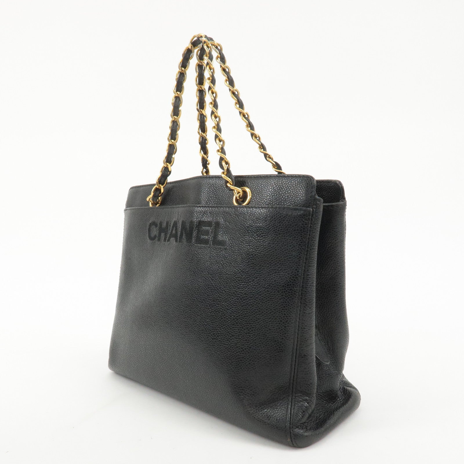 CHANEL Caviar Skin Chain Tote Bag Black Gold Used