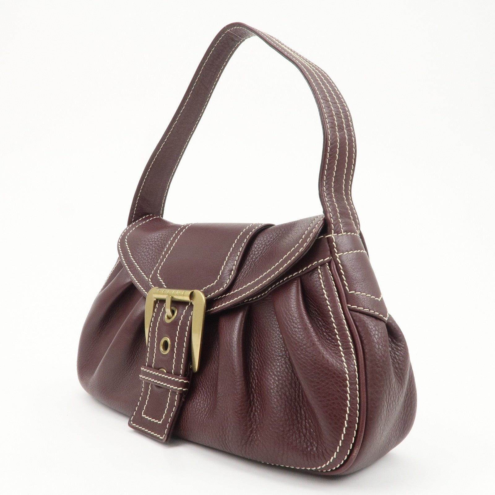 CELINE Leather Shoulder Bag Hand Bag Brown Gold Hardware Used