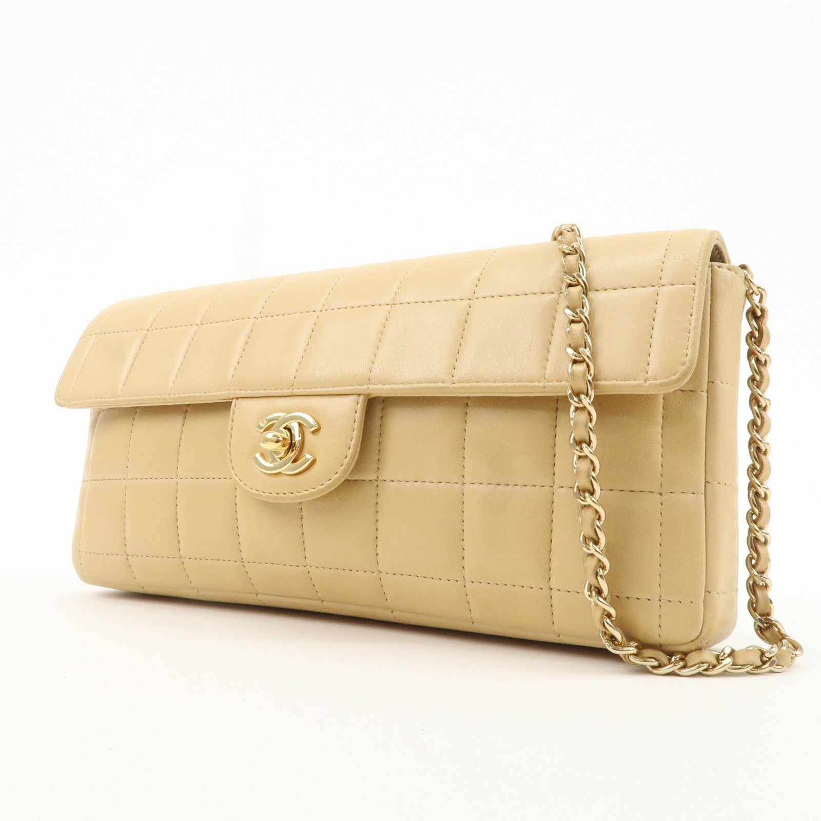 CHANEL Chocolate Bar Lamb Skin Chain Shoulder Bag Beige A15316 Used