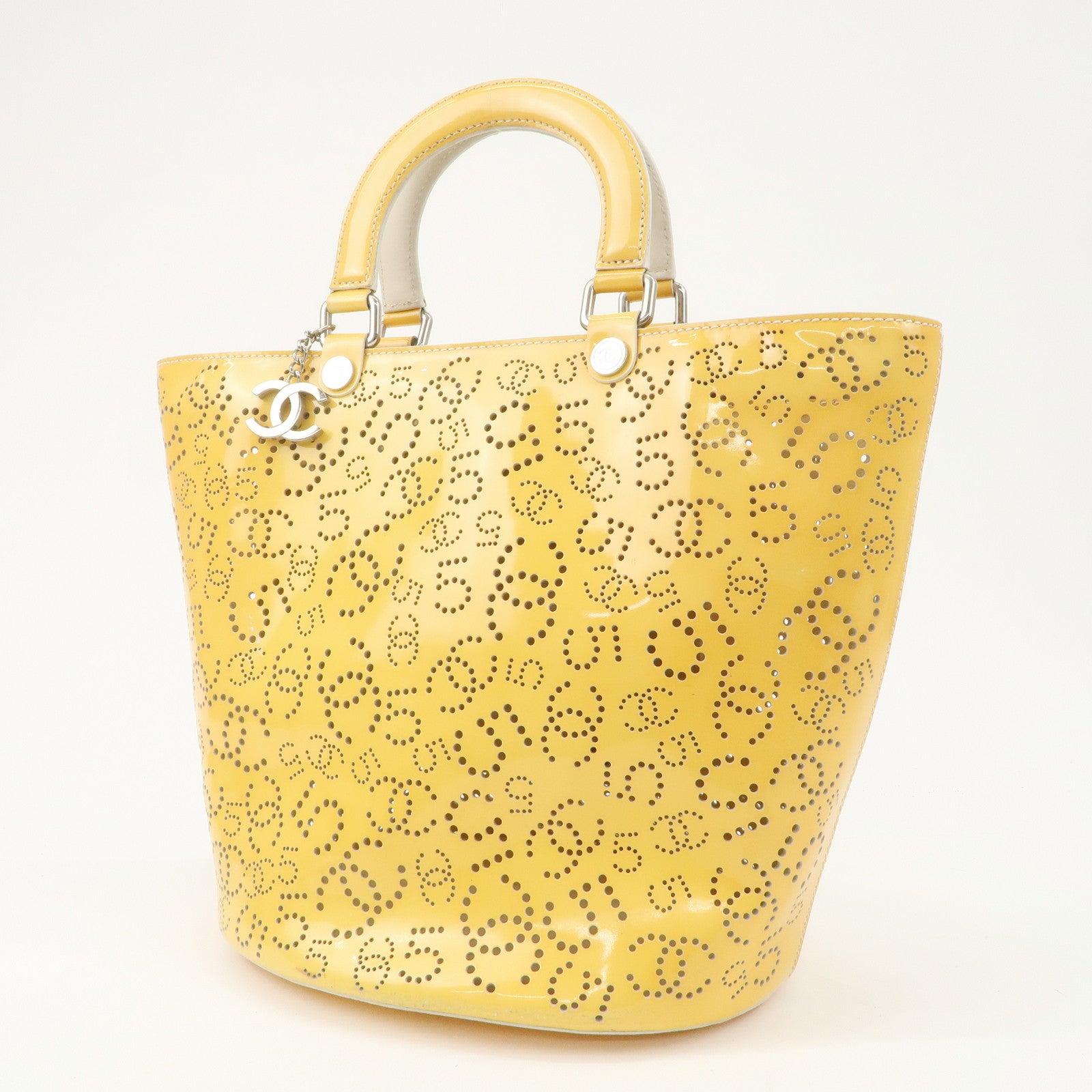 CHANEL COCO Mark No.5 Patent Leather Punching Hand Bag Yellow Used