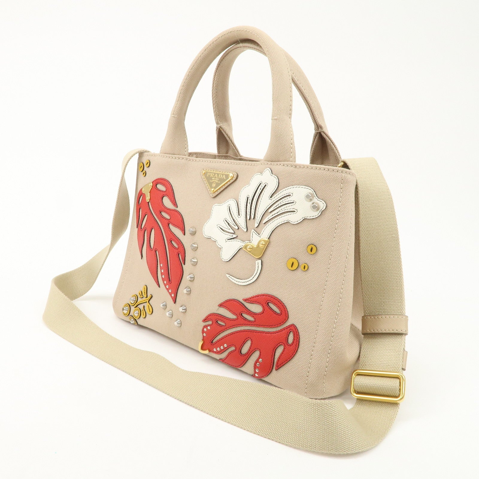 PRADA Hibiscus Canapa Mini Canvas Leather 2Way Bag Beige 1BG439 Used