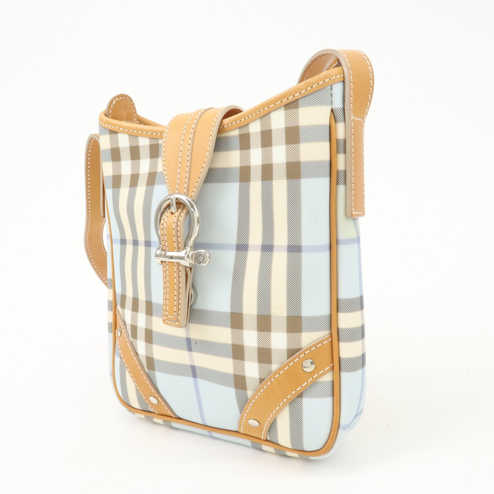BURBERRY PVC Leather Nova Plaid Shoulder Bag Hand Bag Beige Blue Used