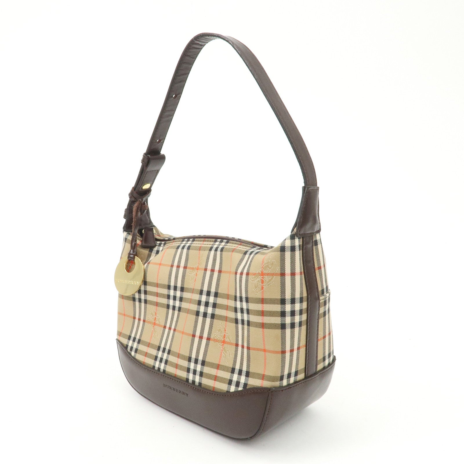 BURBERRY Nylon Leather Nova Plaid Shoulder Hand Bag Beige Black Used