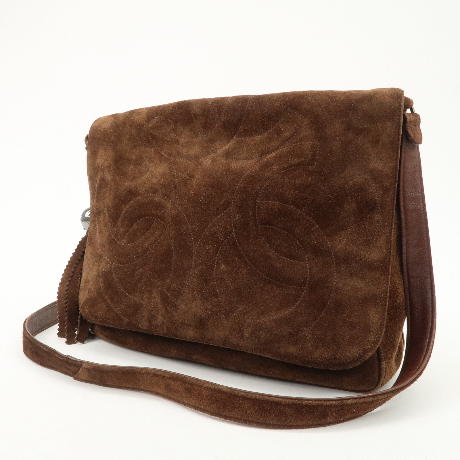 CHANEL Triple COCO Mark Suede Shoulder Bag Brown Silver Used