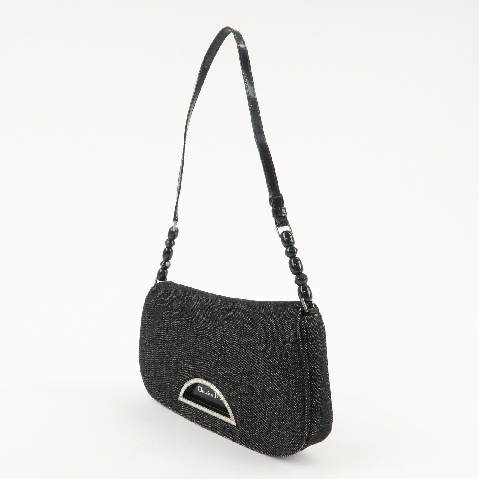 Christinan Dior Maris Pearl Canvas Leather Shoulder Bag Black Used
