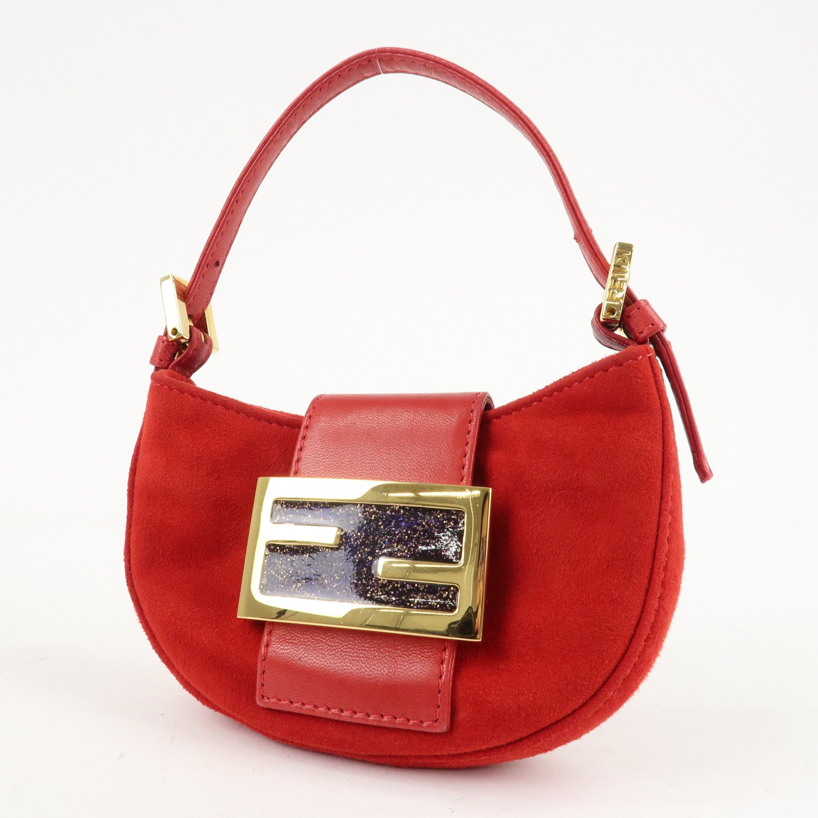 FENDI Suede Leather Mini Croissant Hand Bag Red 26673 Used
