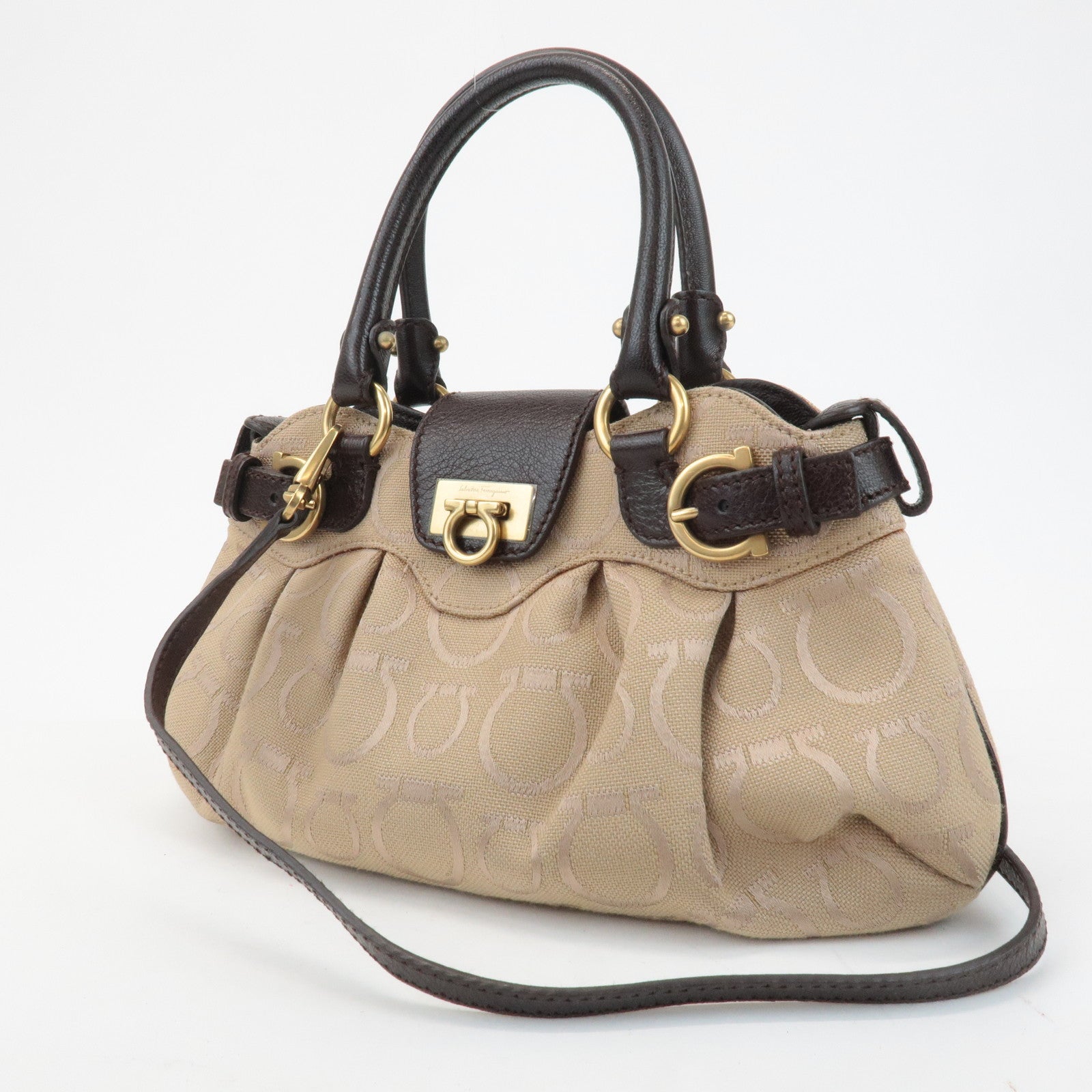 Ferragamo Gancini Canvas Leather 2Way Bag Beige Dark Brown Used