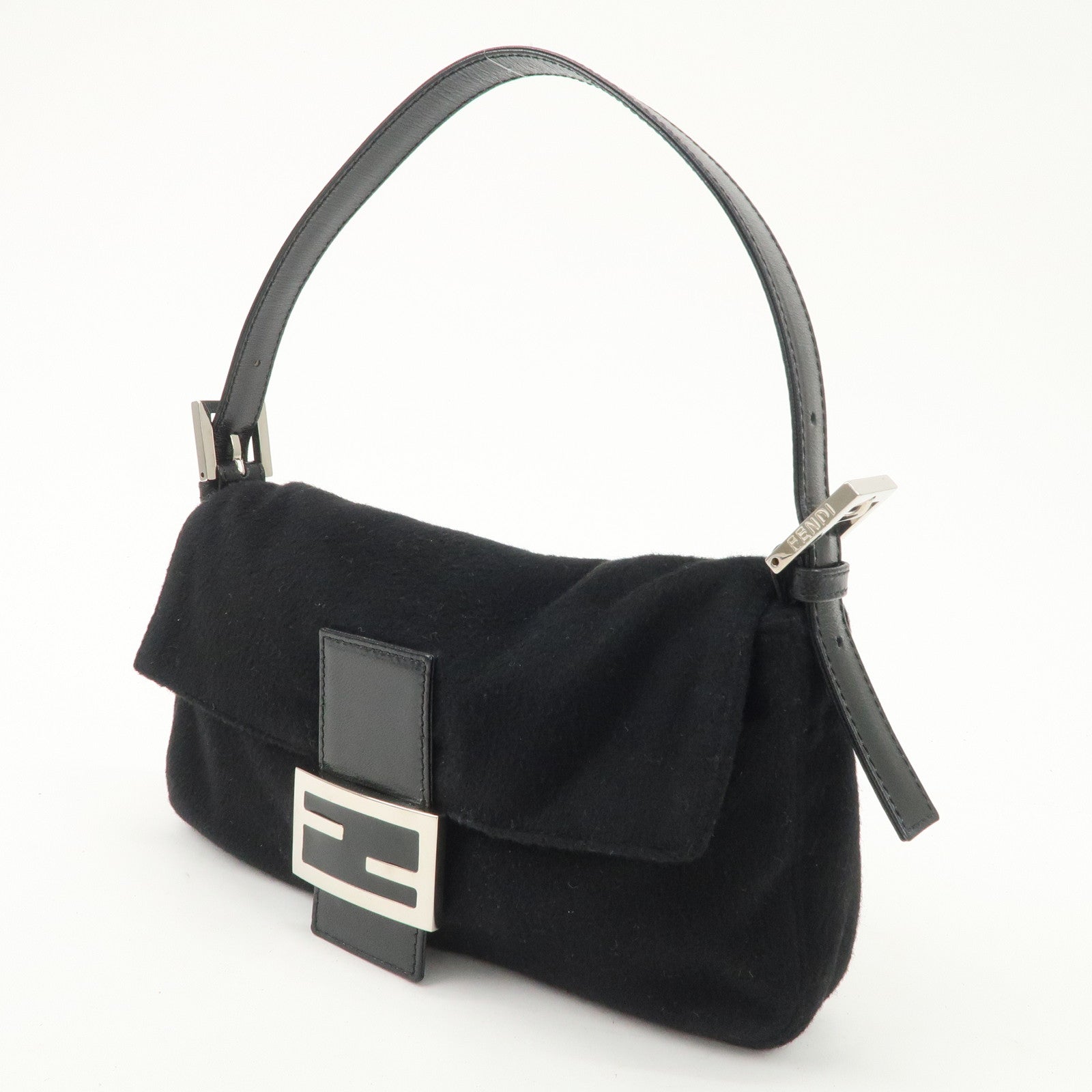FENDI Mamma Baguette Cashmere Leather Shoulder Bag Black 26424 Used