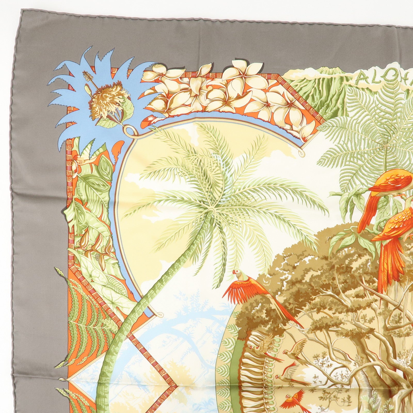 HERMES Silk 100% Carre 90 ALOHA Beige White Gray Used