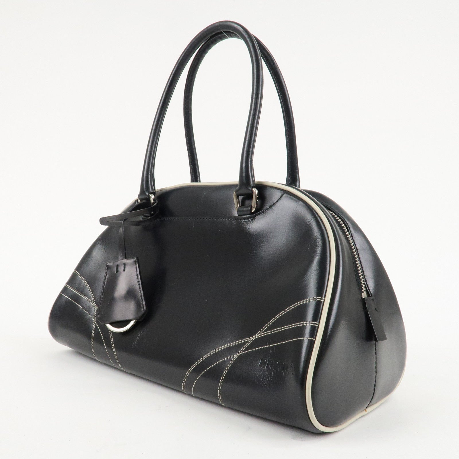 PRADA Leather Mini Boston Bag Shoulder Bag Black Silver HDW Used