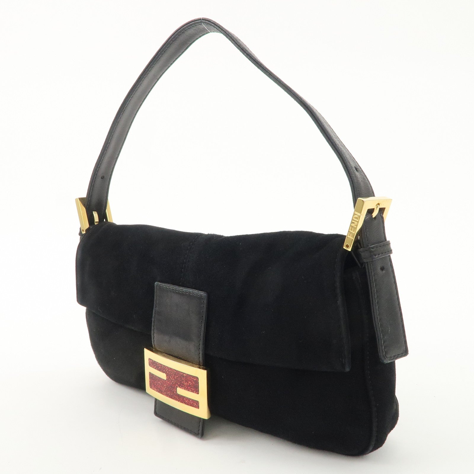 FENDI Mamma Bucket Suede Leather Shoulder Bag Black 26424 Used