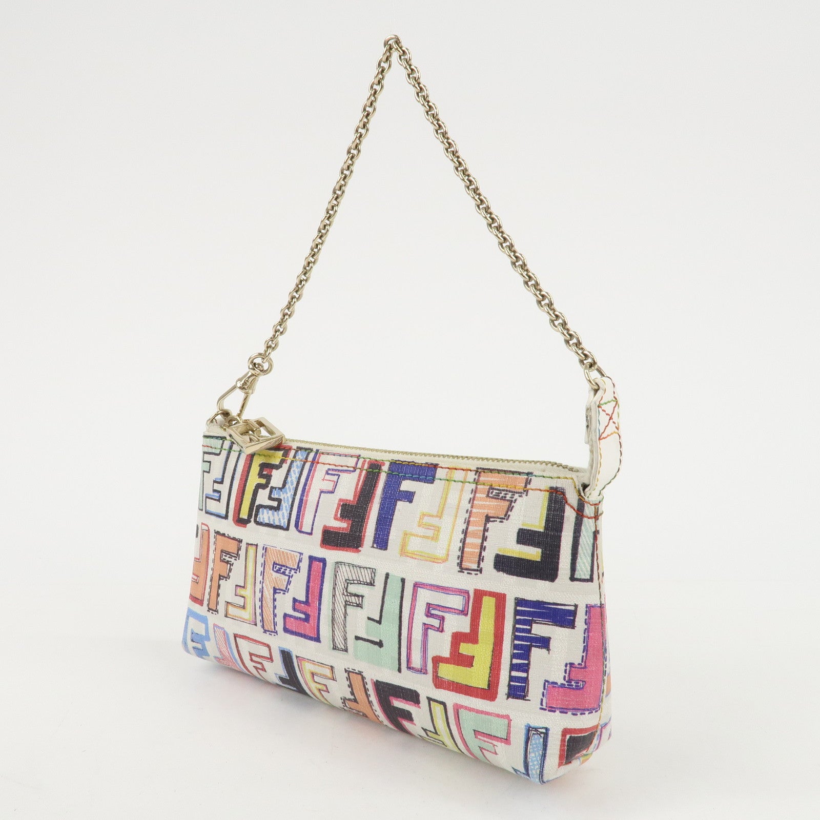 FENDI Zucca PVC Accessory Chain Pouch Multi Color Ivory 8BR592 Used