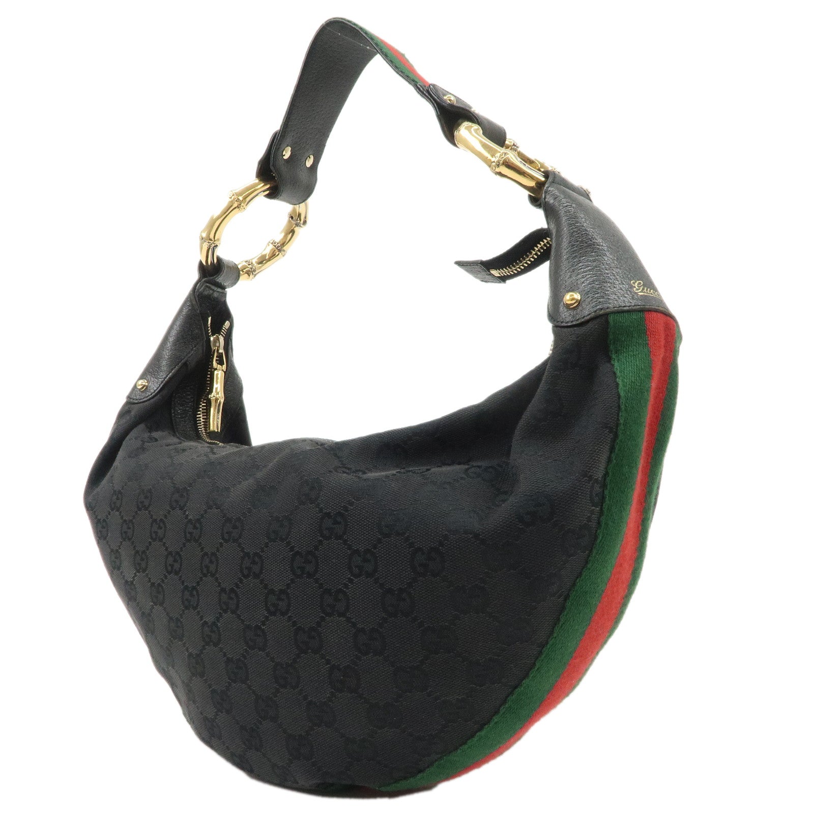 GUCCI Bamboo Sherry GG Canvas Leather Shoulder Bag Black 131036 Used