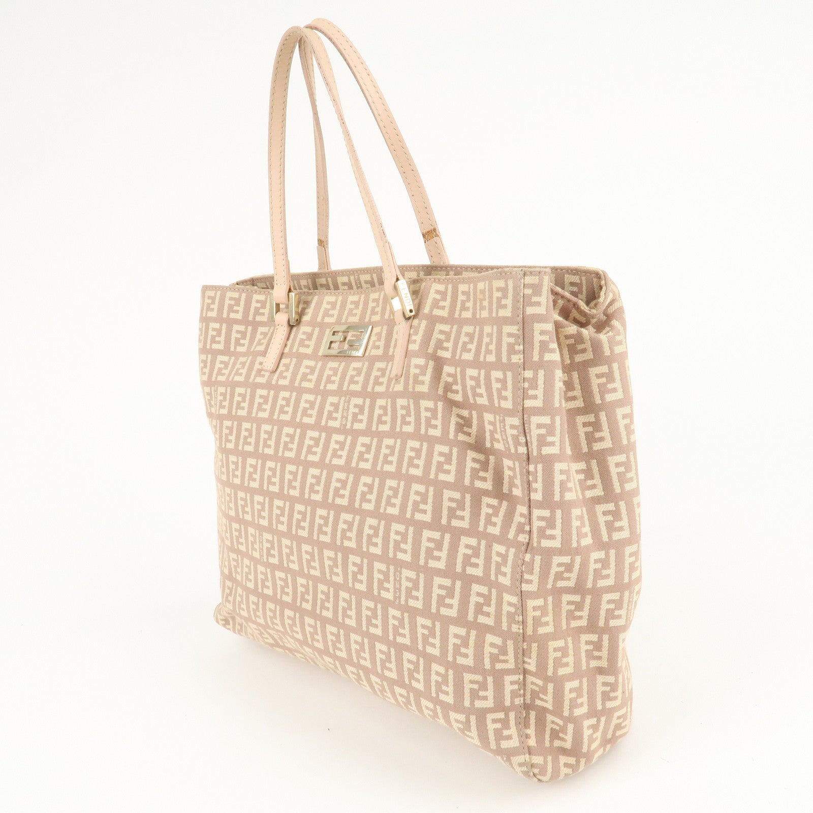 FENDI Zucchino Canvas Leather Tote Bag Pink Beige 8BH133 Used