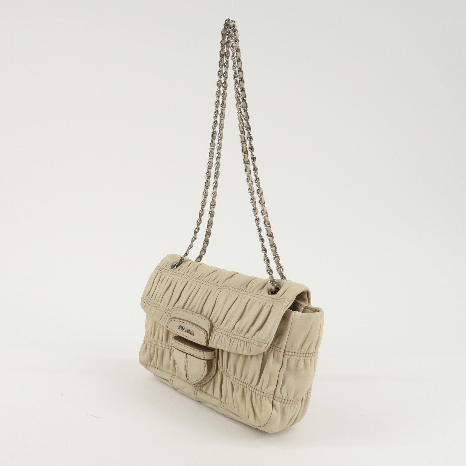 PRADA Leather Gathered Chain Shoulder Bag Ivory B4695C Used