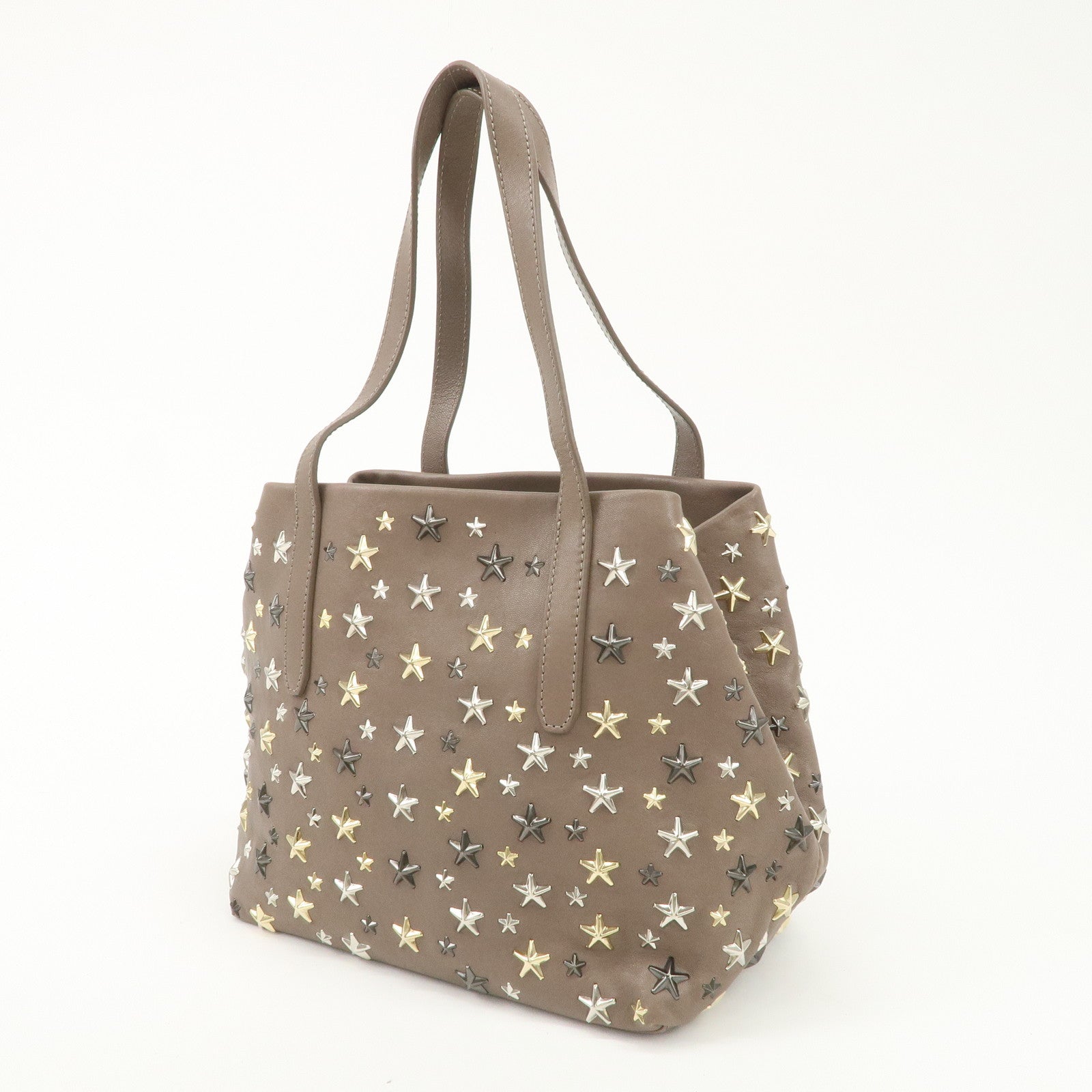 JIMMY CHOO Zodiac Leather Studs Tote Bag Hand Bag Pink Beige Used