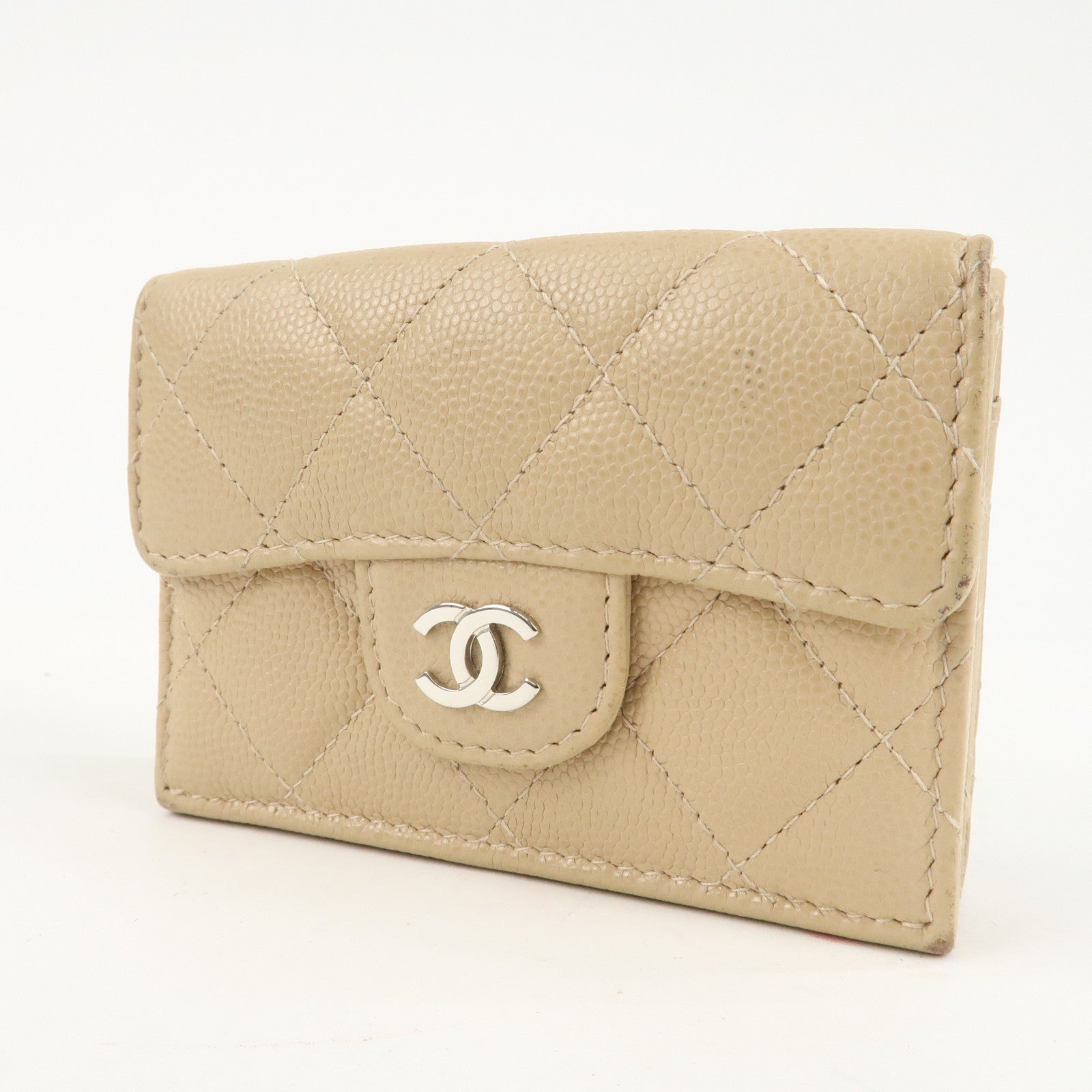 CHANEL Matelasse Cavier Skin Compact Wallet Beige Silver HDW Used
