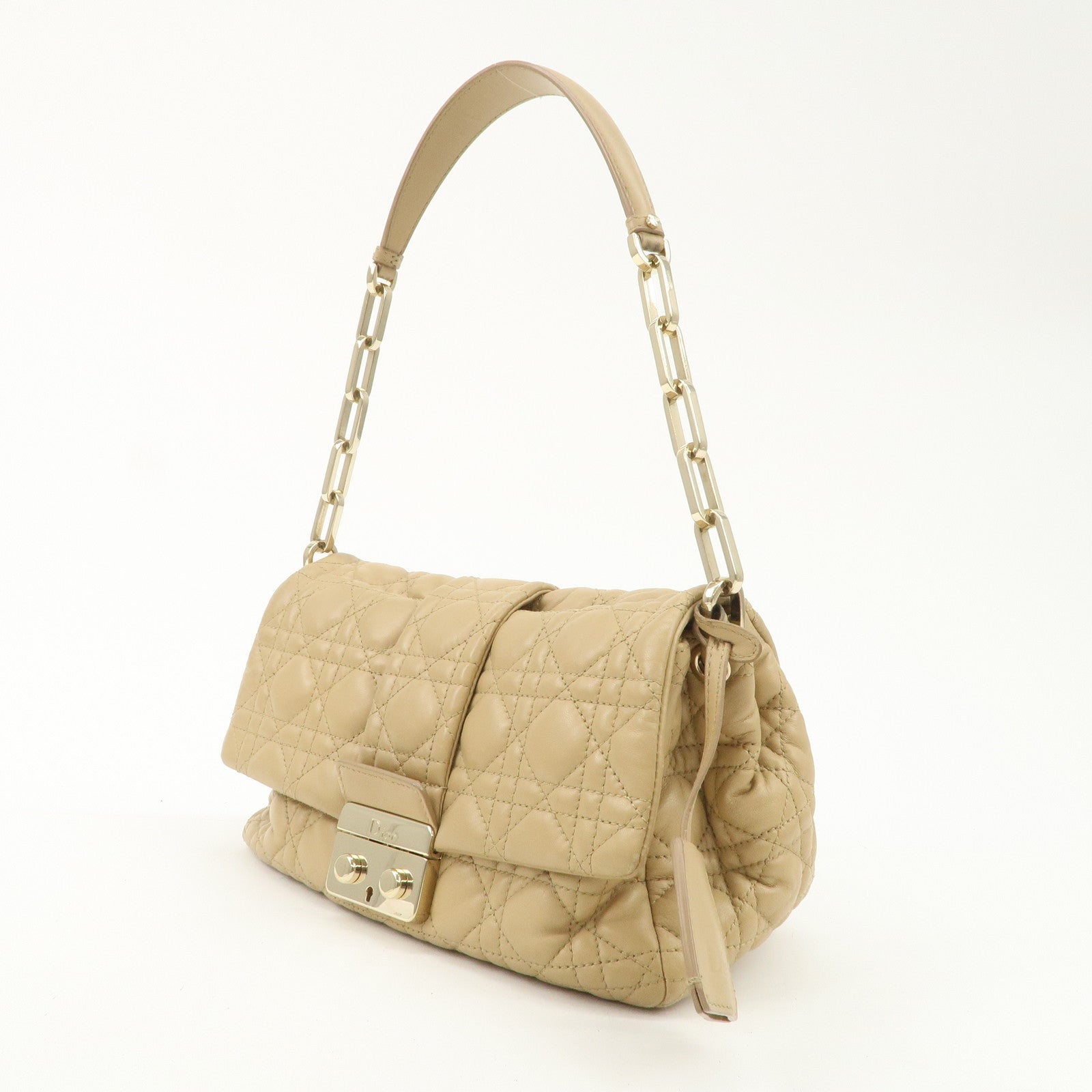 Christian Dior New Lock Cannage Leather Chain Shoulder Bag Beige Used