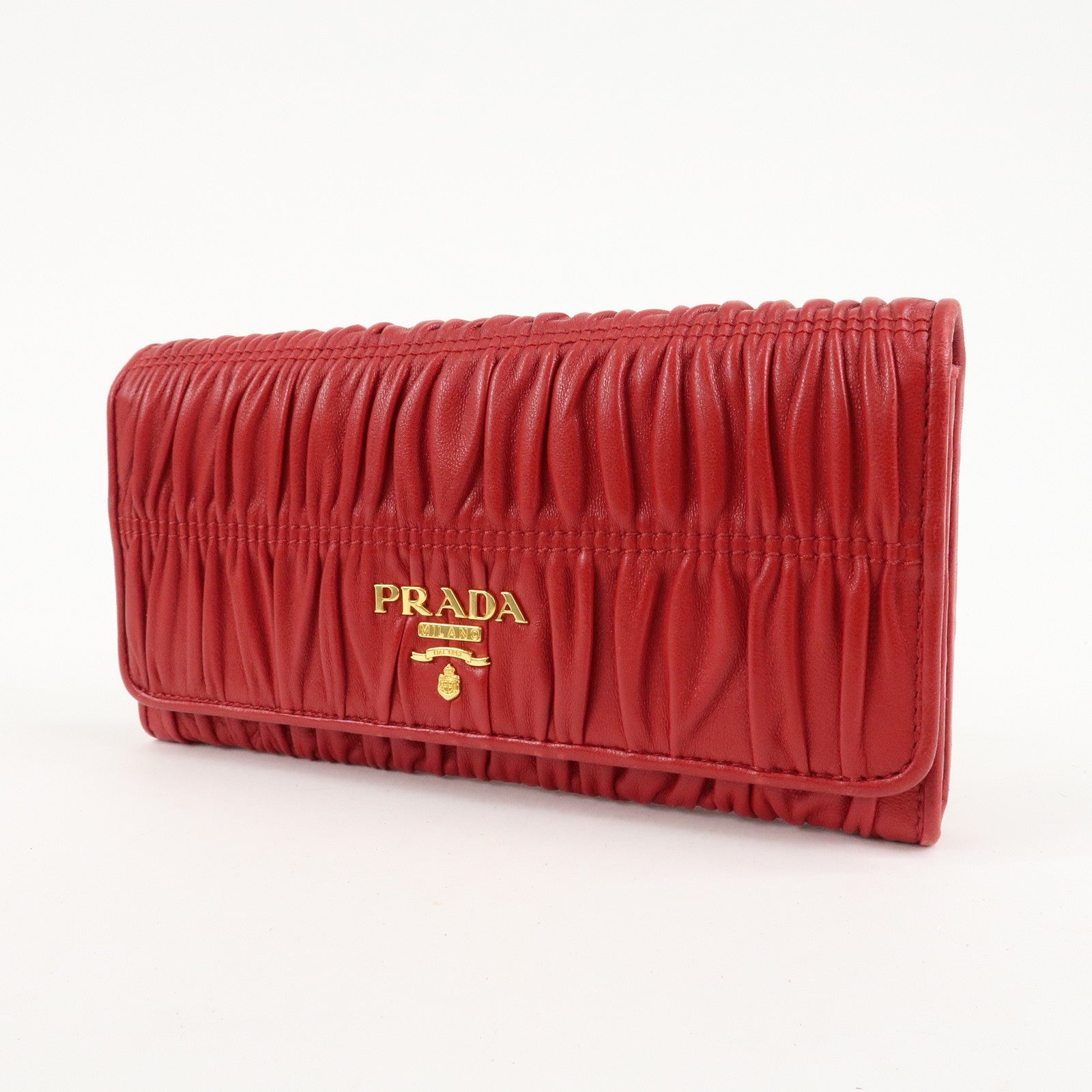 PRADA Logo Leather Bi-Fold Long Wallet Red Gold Hardware Used