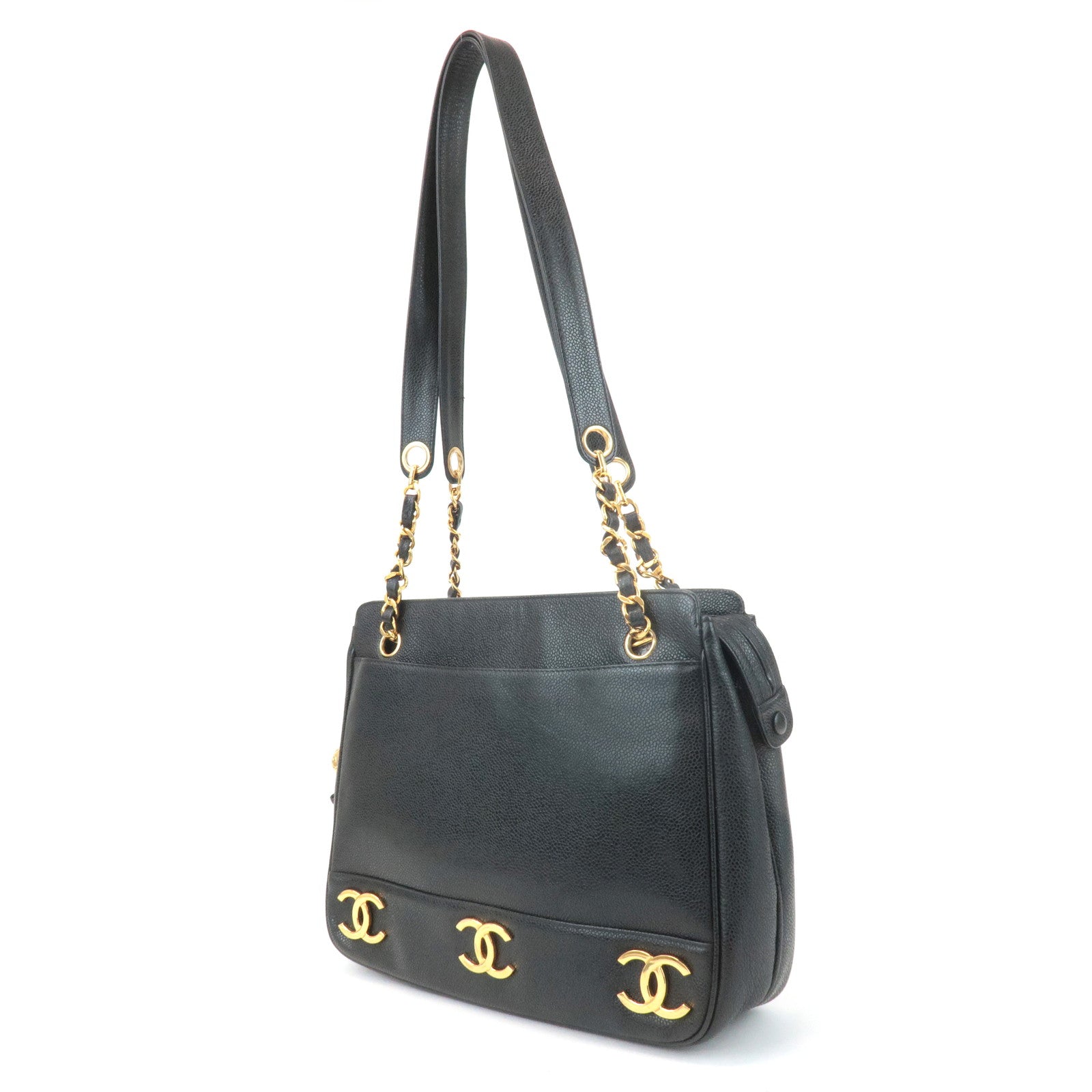 CHANEL Triple COCO Caviar Skin Tote Bag Black Gold Used