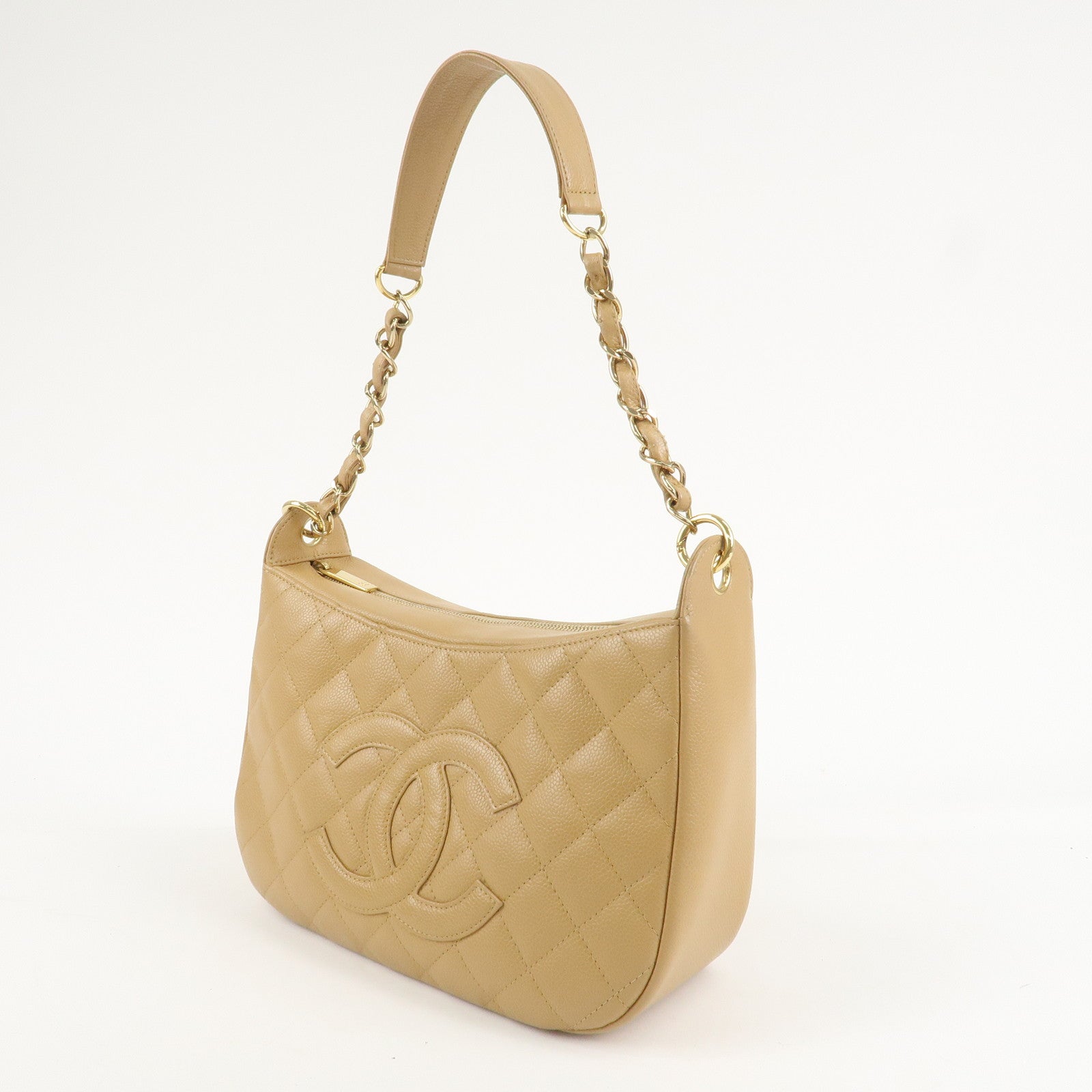 CHANEL COCO Mark Matelasse Shoulder Bag Caviar Skin Beige Used